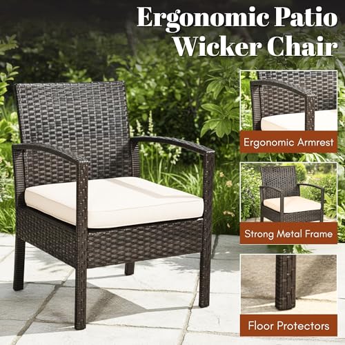Image of DEVOKO Marbella 4 Pieces Patio Set, Outdoor Sectional Sofa Rattan Wicker Conversation Set with Soft Cushion and Glass Center Table for Outside Porch, Lawn, Garden, Backyard (Dark Brown and Cream)