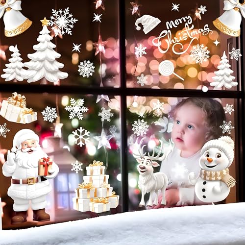 Image of AhfuLife Christmas Window Clings, 190 PCS Large 3D Reusable Window Stickers for Glass, 9 Sheets Double Sided Santa Claus Snowman Snowflakes Reindeer Stickers for Party Decorations