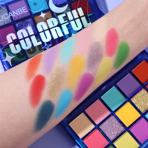 Image of UCANBE Colorful Eyeshadow Palette, 15 Colors Vibrant Bright Shimmer Matte Metallic Neon Eye Makeup Pallet, Rainbow Green Pink Purple Orange Blue High Pigmented Sombras De Ojos Gift Kit