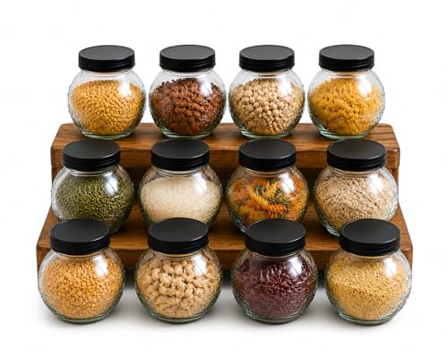 Image of Designer Transparent Glass Storage Jar with Black Plastic Airtight Lid, 900 ML Food Grade Kitchen & Pantry Storage Container, Size 8 X 14 X 14 cm, Ideal for Pulses, Dry Fruits, Pack Of 12