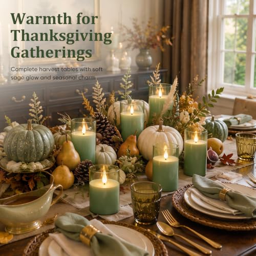 Image of Homemory Sage Green Flameless Candles, Acrylic LED Pillar Candles with Remote Timer, Set of 3