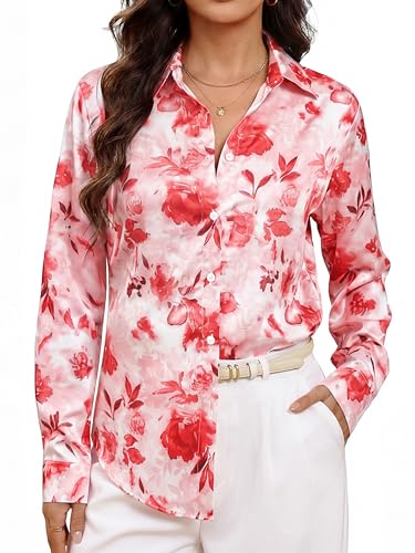 HOTEVE Button Down Shirts for Women Long Sleeve Blouses Dressy Casual Fitted Tops Wrinkle Resistant Collared Work Shirts Pink Floral XS