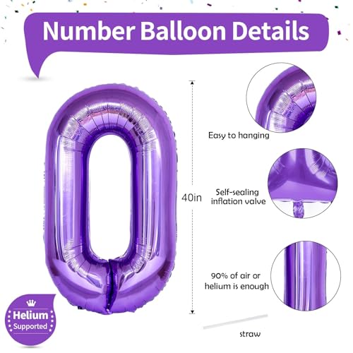 Image of Purple Number Balloons, 40 Inch Foil Large Balloons, Helium Self Inflating Number Balloon for Girls Women 10th 20th Birthday Party Bridal Shower Anniversary Ceremony Party Decoration Supplies