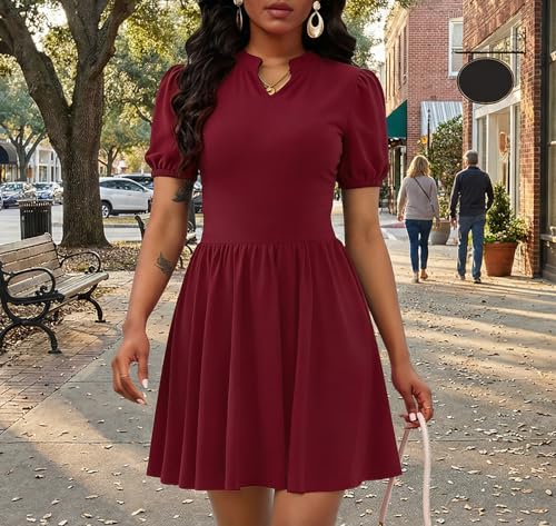 Image of Women's V Neck Summer Dress Puff Short Sleeve Flowy Stretchy Flowy Comfort Fit for Daily Wear Work Midi Casual Dresses