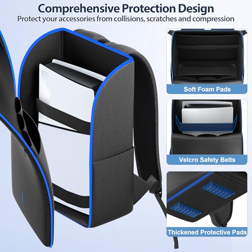 Image of LVVIL PS5 / Slim / Pro Console Backpack, Full Protection Carrying Case, Large Capacity Storage Bag, Dual Controllers, PS Portal, Laptop, Game Cards, 3 Cable Pouch, Ocean Blue