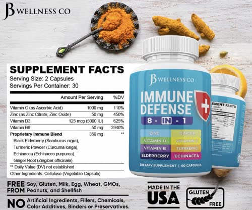 Jb Wellness Co Immune Support 8 In 1 Capsules - Zinc Supplement, Vitamin D3 5000 Iu, Vitamin C 1000Mg And Elderberry - Immune Booster Supplement With Echinacea, Ginger Root, And Turmeric - [2-Pack] #TOP1