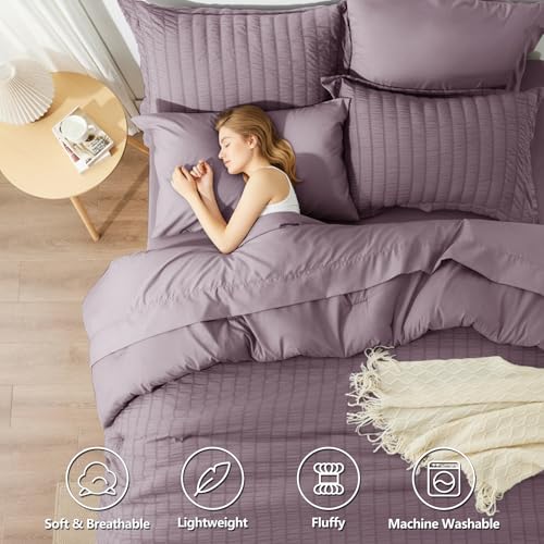 Image of HIMEET Full Size Comforter Sets - 7 Pieces Seersucker Bed in a Bag, Boho Bedding Sets for Bedroom Decor, All Season Home Essential Bed Set with Comforter, Sheets, Pillowcases & Shams, Dusty Purple