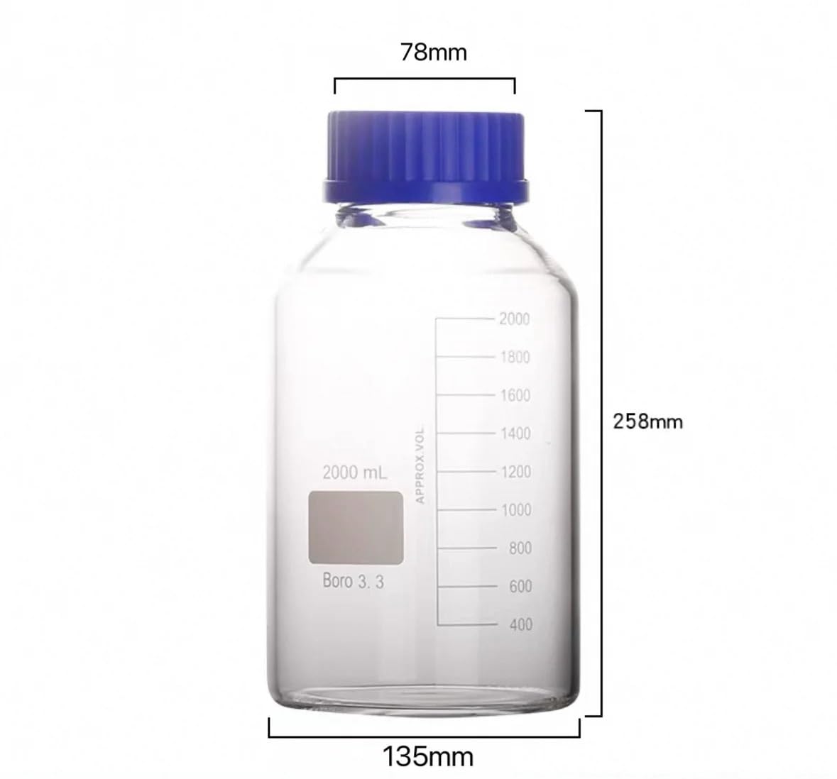 Botella de reactivo de laboratorio de 2000 ml con tapa de rosca transparente, sellada, de vidrio de borosilicato alto, tapa azul GL80.