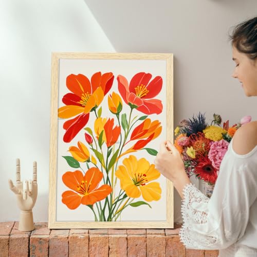 Image of ArtX Paper Floral Art Paintings with Frame for Home Decor, Flowers Wall Painting for Living Room, Multicolor, Natural Wood Color Frames, Set of 2