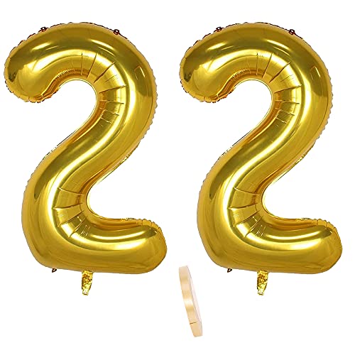 2 globos numeros 22 años, Number globo número 22 Dorado para Hombres Mujeres niños,40" Figuras Gold globo de lámina de helio inflable, gigante grande decoración fiesta de cumpleaños boda (xxxl 100cm)