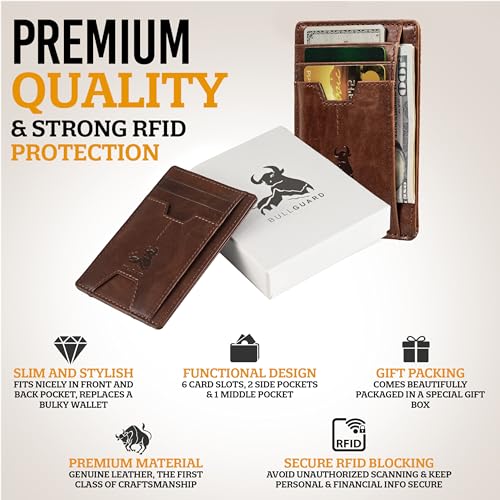 BULL GUARD Mens RFID Blocking Leather Slim Card Case Wallet with Easy Access ID windows, Cash & Card Slots, Crafted with Premium Top Grain Leather Ideal for Travel or Everyday Use (Forest Brown)3
