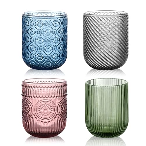 LOITTAINUE Trinkgläser Set Bunt - Gläser Set Bunte 4 Teilig - 250ml Farbig Wassergläser mit Geprägtem Design, Modern Wasserglas Saftgläser für Wasser, Drink, Saft, Party, Garten - Spülmaschinenfest