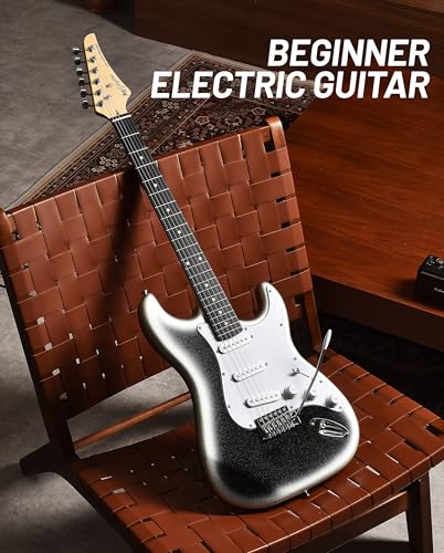 Image of Leo Jaymz Beginner Electric Guitar 39 inch Kit with Portable Amplifier, Padded Gig Bag, Digital Tuner，Capo，Strap，Picks，Classic SSS Pickups (White-Black Fade-SSS)