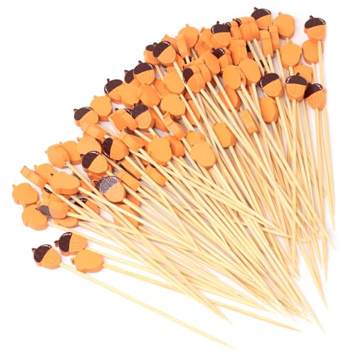 Honbay 100PCS Fall Acorn Bamboo Cocktail Picks Fruit Food Hamburger Toothpicks Cupcake Toppers Sandwich Appetizer Decorative Skewers Drink Garnish Holiday Party Decoration Sticks