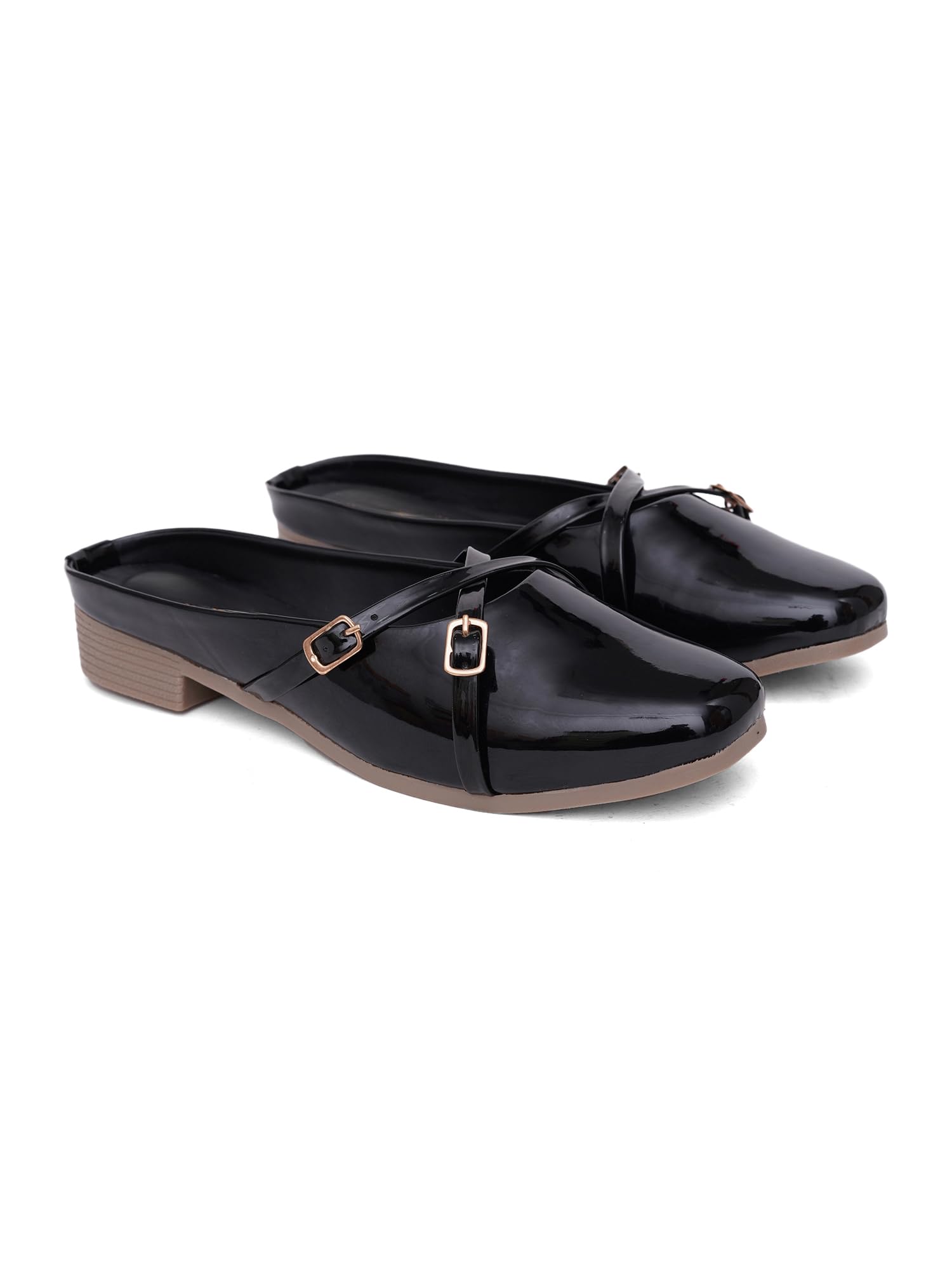 womens Bubbelle Patent Glossy Mules for Women | Soft Cushioned Flats with Ankle Strap | Office, Casual & Daily Use-image-25