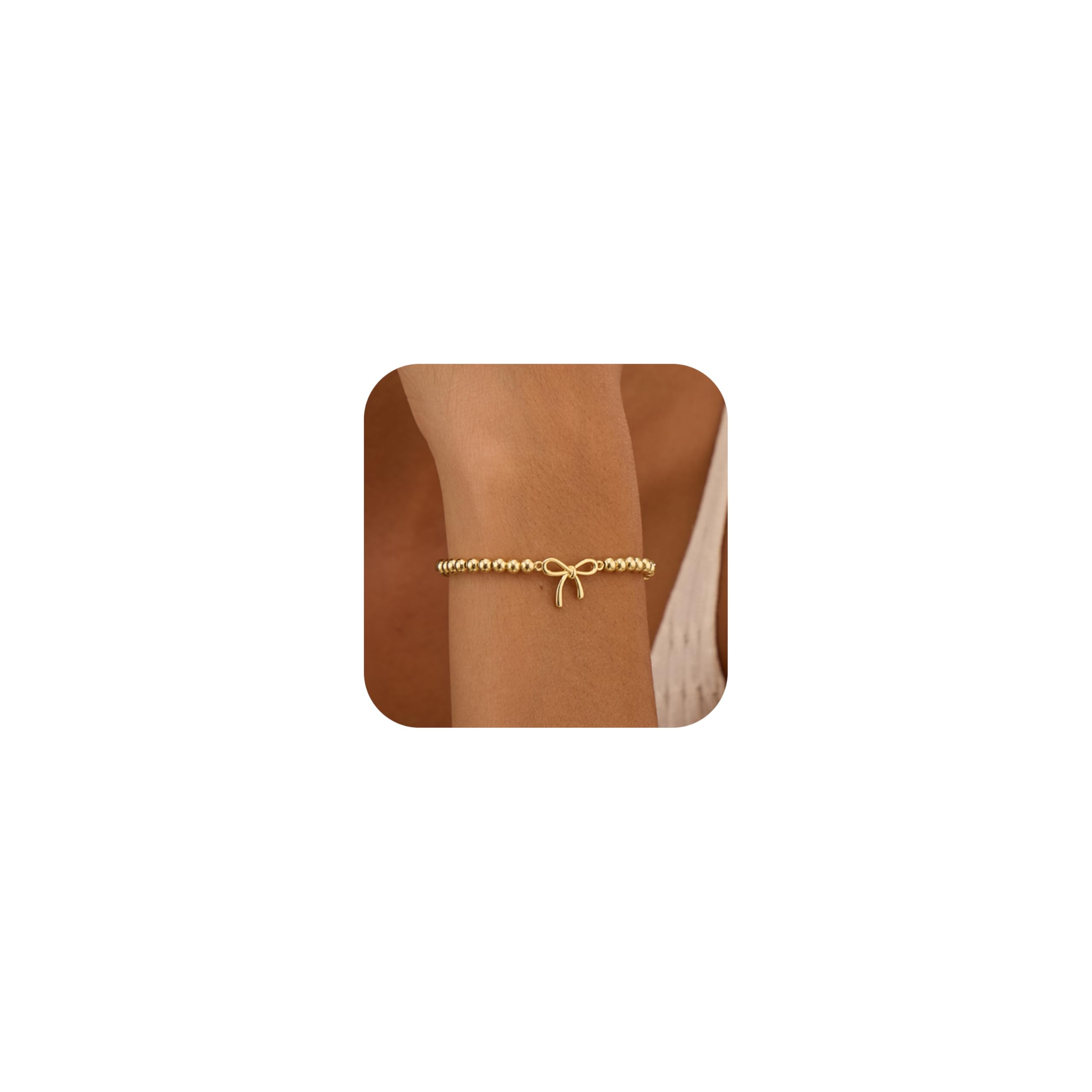 Gold Bracelets for Women 14K Gold Plated Beaded Bracelets Gold Stretch Bead Bracelet Handmade Ball Charm Bracelet Dainty Gold Jewelry Gifts for Women bow