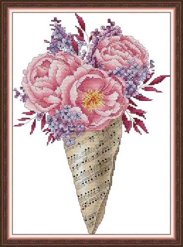 Image of CaptainCrafts Cross Stitch Kits for Adults Counted Cross Stitch Unprinted Fabrics Needlework Craft Home Decor (Counted 14CT, Note Bouquet Peony Flower)