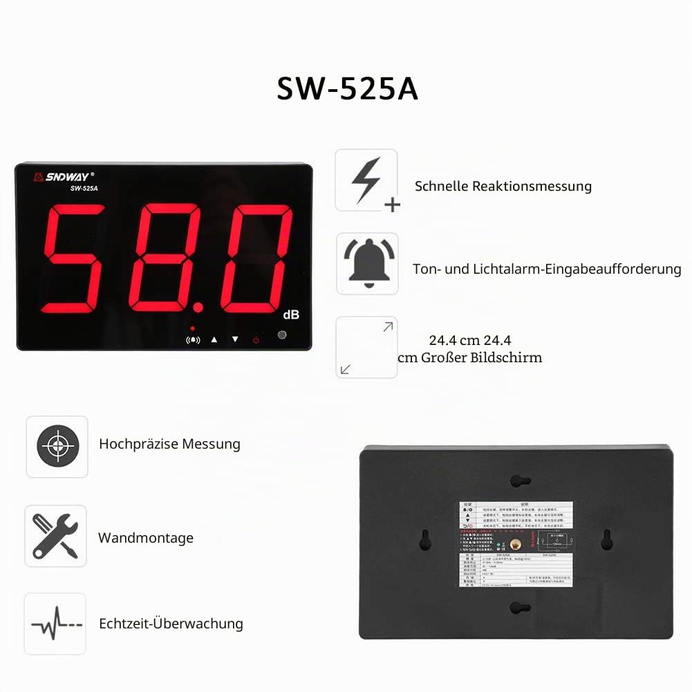 Schallpegelmesser, 30~130 dB, 9,6-Zoll-LCD-Display, wandhängender Dezibel-Geräuschmessgerät mit Alarm (SW-525A)
