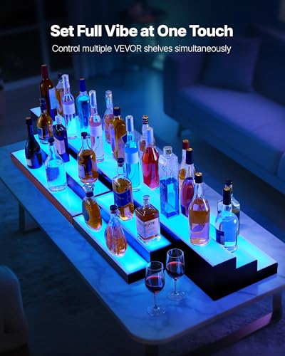Image of VEVOR LED Lighted Liquor Bottle Display, 2-Tier 30-Inch Whiskey Rack, Support USB, Illuminated Home Bar Shelf with RF Remote & App Control, 7 Static Colors, Acrylic+ Wood Lighted Shelf for 15 Bottles