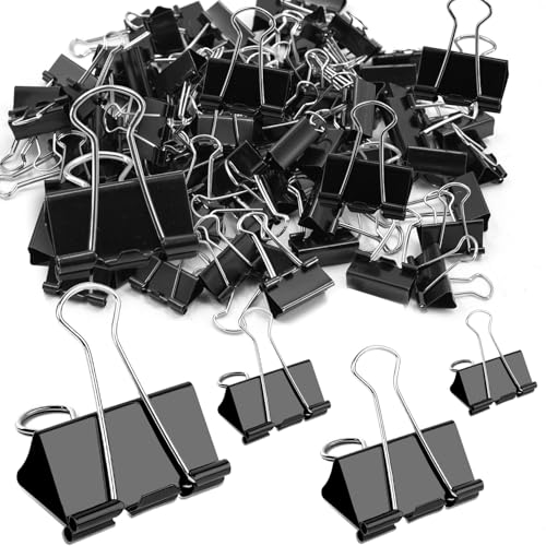 100Pcs Bulldog Clips 15mm 19mm 25mm 41mm Assorted Size Paper Clips Metal Foldback Clips File Money Papper Stationary Clamps for Office School Home Kitchen Shops