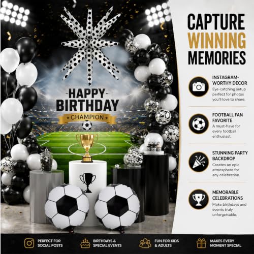 Image of Atpata Funky Football Theme Starburst Explosion Balloon Set - 2pcs 18in Round Football Foil Balloons & 8pcs Black & White Latex Balloons - for Football theme Birthday Party Decorations & Celebrations