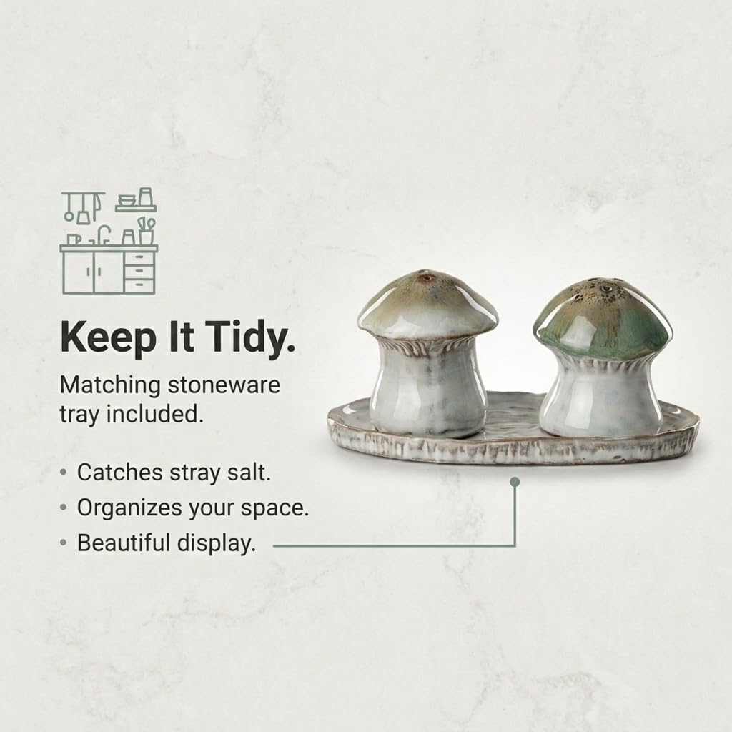 The Bridge Collection Mushroom Unique Salt and Pepper Shaker Set | Hand-Painted Stoneware Salt & Pepper Shakers with Tray Woodland Charming Kitchen & Dining Table Decor