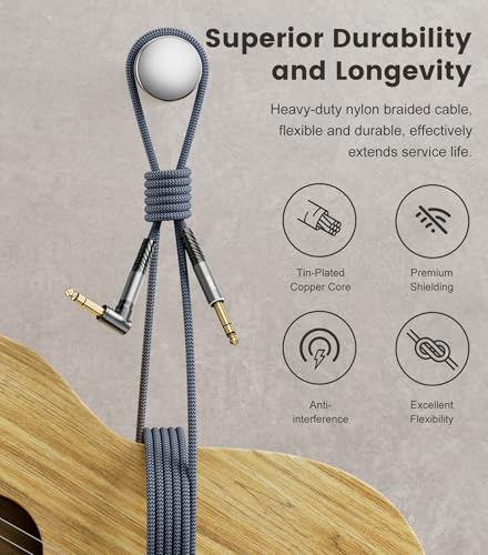 Image of 1 /4 Inch TRS Instrument Cable, Right Angle to Straight, 6.6FT 2-Pack | Nylon Braided 6.35mm TRS Male to Male Balanced Audio Cable for Electric Guitar, Bass, Keyboard, Mixer, Amplifier, Speaker