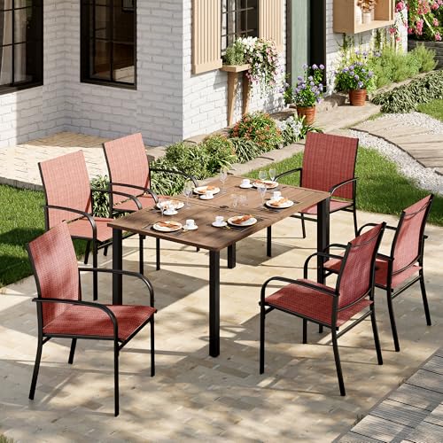 Image of MIXPATIO Patio Table and Chairs Set, Outdoor Dining Set for 6 with Red Chairs and Teak Color Tabletop Outdoor Dining Table, 7-Piece Patio Furniture Set for Deck Backyard Lawn