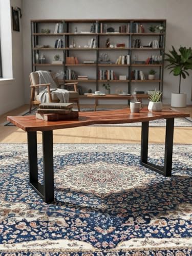 Image of Modern Coffee Table for Living Room | Sheesham Wood Center Table with Natural Edge Top | Wooden Leg Cocktail Table | Contemporary Tea Table Furniture for Home, Lounge & Apartment | Light Walnut