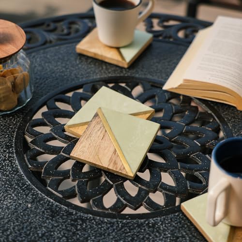 Image of iIreka Home Earth's Edge Coaster Set (Set of 4) - Mango Wood & Mint Resin with Gold Partition, Calm Sophistication - Coffee Table Decor, Modern Cup Coaster for Kitchen, Tea, Coffee Mugs & Glasses