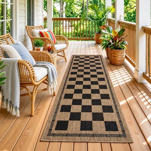 Vasofe 2x6 Jute Checkered Rugs Outdoor Runner Runner Rug for Hallway Washable Patio Porch Balcony Runners Indoor Bedroom Kitchen Laundry Mat Non Slip Plaid Farmhouse Carpet Black and Brown