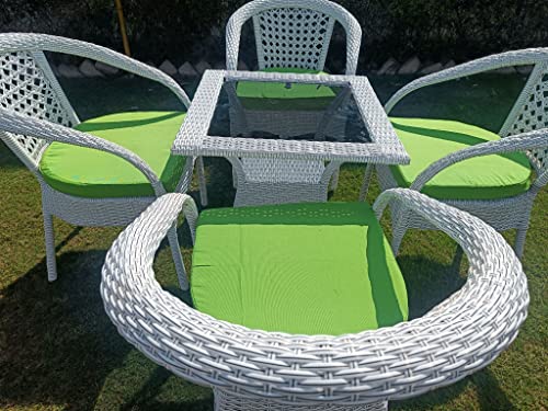 Image of Anaya Decor D-8 Chairs Table Set 4+1 Wicker Patio Furniture Sets 4 Chair and 1 Table with Cushions for Garden Balcony Bedroom Powder Coated Frame Uv Protected Wicker (Off White+Green)