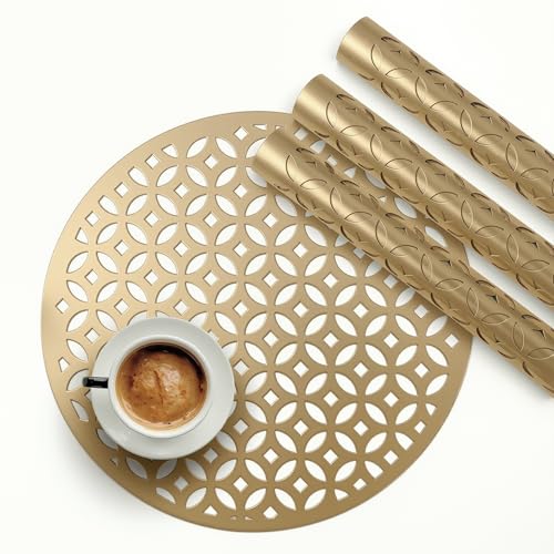 Image of Kuber Industries 4 Pcs Set Leather Round Side Table Mats | Reusable and Washable Dining Table Mat for Party, Wedding and Family Functions | Golden