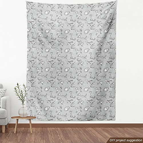 Image of Ambesonne Soft Grey Fabric by The Yard, Cats Posing Over Floral Background Feline Kitten Kitty Cartoon Art Prints, Decorative Fabric for Upholstery and Home Accents, 3 Yards, Soft Grey