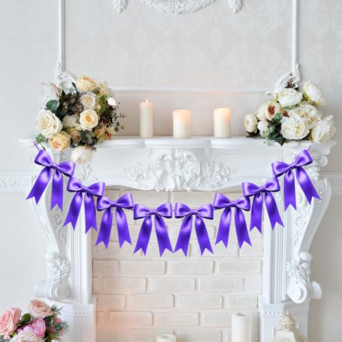 Image of 1 String of 8PCS Purple Bow Garland Banner Decoration,Pre-Strung Satin Ribbon Ornaments for Birthday,Bachelorette Party,Bridal Shower,Wedding,Engagement,Baby Shower,Graduation Decor,Anniversary