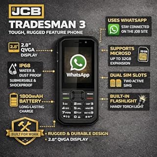 JCB Tradesman 3 4G and WiFi Rugged Feature Phone Waterproof With Whatsapp, Hotspot, Dual-Sim and Bluetooth - Black
