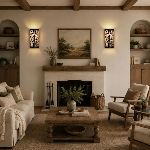 Image of Farmhouse Wall Sconces Set of 2, Hardwired Rustic Black Metal Tree Branch Vintage Wall Lights with Warm Yellow Parchment Shades, 1-Light E26 for Bedroom Bathroom Hallway