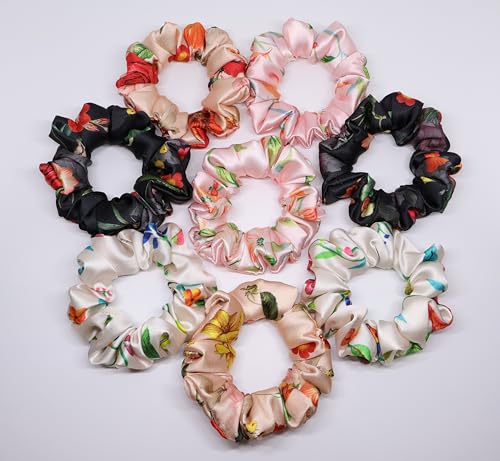 Image of Printed Satin Scrunchies Hair Bands for Women | No-Damage Elastic Hair Ties for Ponytails & Buns | Fluffy & Stylish Rubber Bands | Free Size | Pack of 8 | Aqua Bloom Sm (Small Size)