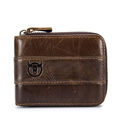 Novatech BULLCAPTAIN Leather Wallet Zipper Men Wallet, Mens RFID Antimagnetic Genuine Leather 11 Card Slots Wallet Coin Purse Wallet Credit Card Holder (Brown), Large