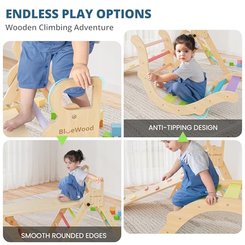 bluewood pikler triangle set toddler wooden climbing toys indoor 7in1 foldable climber for kids montessori philosophy play jungle gym with arch ramp ladder colorful spring