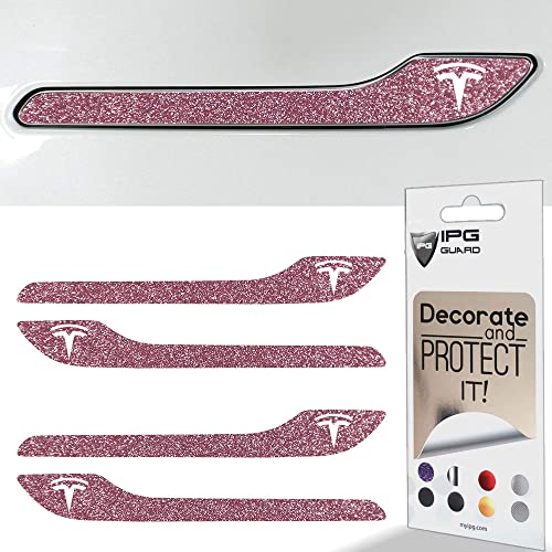 Image of IPG Compatible for Model 3 / Model Y /Juniper Door Handle Decal Sticker Wrap Kit (Set of 4) with Tesla Logo Personalize Your Tesla (Pink Glitter)