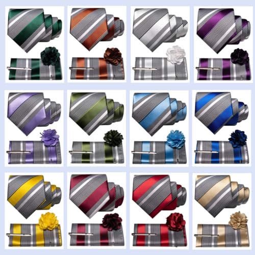 Image of JEMYGINS Mens Striped Tie and Lapel Pin Necktie Pocket Square and Tie Clip Sets for Business Casual 4PCS