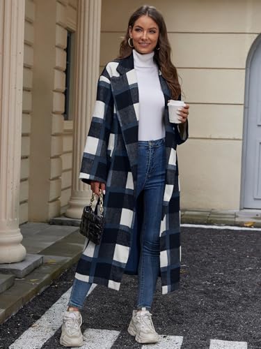Women's Oversized Plaid Wool Coat Casual Lapel Collar Double Breasted Winter Long Pea Coat with Pockets4