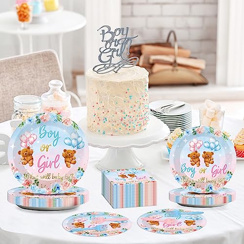 Image of 96 Pieces Bear Gender Reveal Theme Tableware Set for Gender Reveal Party Table Decor Supplies Boy or Girl Dessert Plates Napkins Forks for 24 Guests Pink Blue Bear Baby Shower Disposable Party Favors