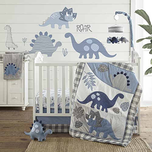 Levtex Baby - Kipton Crib Bed Set - Baby Nursery Set - Grey, White And Blue - Dinosaurs And Leaves - 4 Piece Set Includes Quilt, Fitted Sheet, Wall Decal & Skirt/Dust Ruffle #TOP20