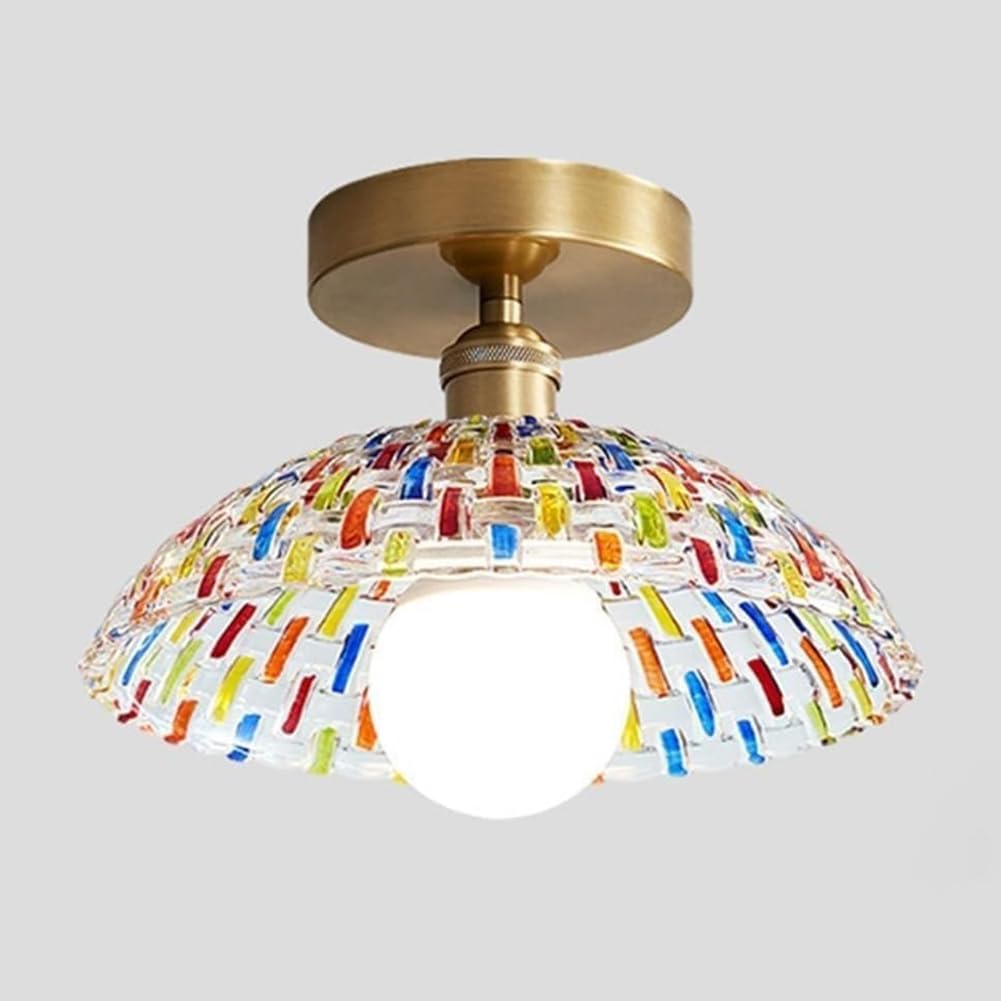 LOGT Gold Ceiling Light Vintage Colourful Mosaic Glass Ceiling Lamp Tiffany Vintage Glass Lampshade Hallway Lamp Brass Rustic Pastoral Living Room Light Bedroom Lighting Dining Room Lighting