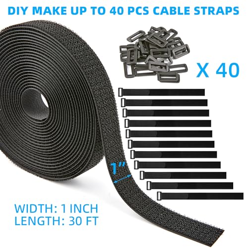 Image of 1 inch x 30ft Nylon Hook and Loop Cable Straps Roll with 40 Plastic Buckles - Reusable, Adjustable, Cut-to-Length for Organizing Cords, Wires & Storage Solutions