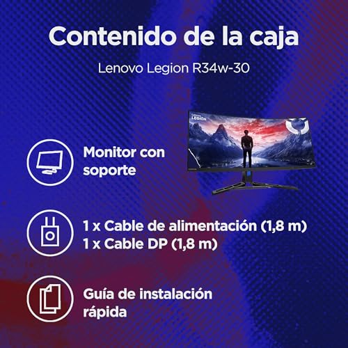 Legion R34w-30 - Display da gaming curvo da 34" con Eyesafe (WQHD, VA, 180Hz, 0.5ms, HDMI+DP, cavo DP, AMD FreeSync, Altoparlanti) Regolazione inclinabile - Nero - Monitor - Immagine 9