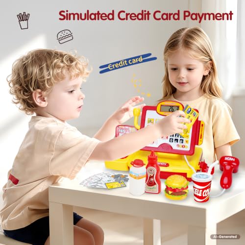 Image of FS Toy Cash Register for Kids with Scanner & Play Money, Working Calculator & Microphone, 79 PCS Supermarket Role Play Set, Educational Math Learning Toy for Boys & Girls Ages 3-8