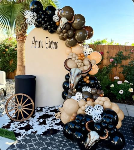 PageebO Western Theme Ballloon Garland Arch Kit159pcs Black Brown Nude Balloons with Different Size Long Horn Cow Head Mylar Balloons for Wild West Cowboy Baby Shower Party Last Rodeo Party Favors
